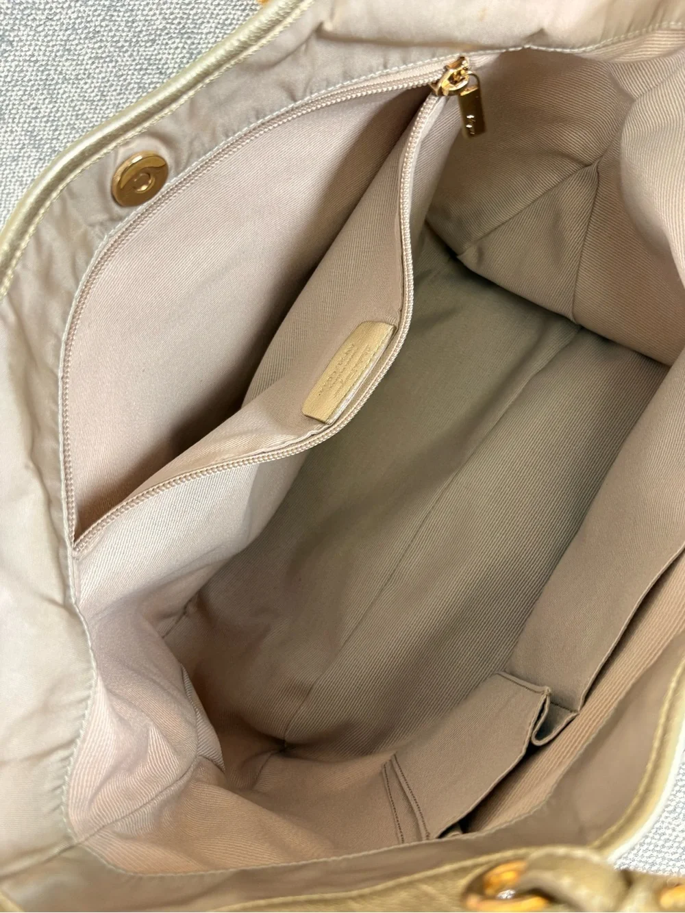 Salvatore Ferragamo Beige Nylon Shoulder Bag with Metallic Gold Trim